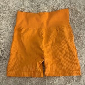 Bright Orange Ribbed High-Waisted Shorts